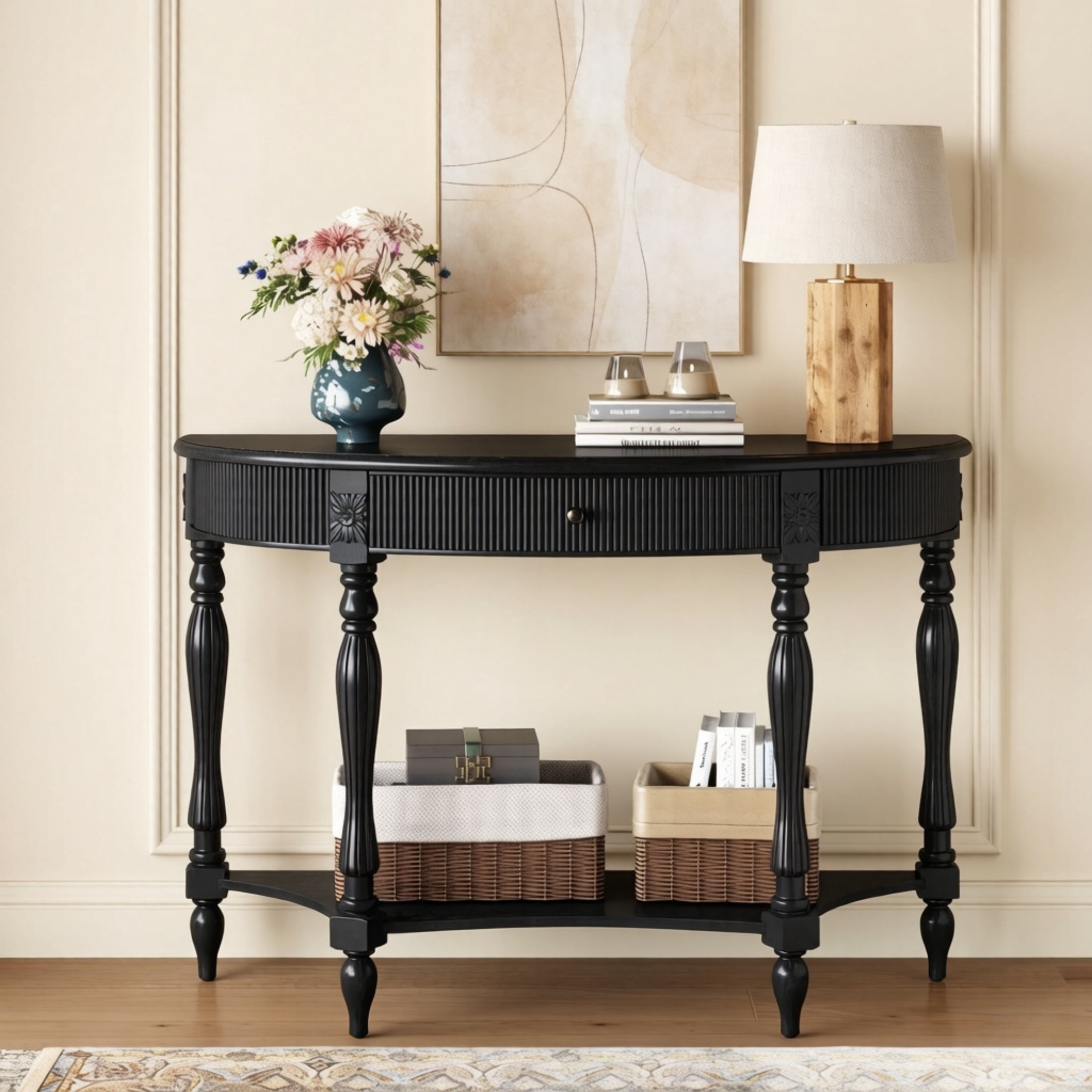 Accent Console Table with Semicircle Tabletop, Drawer & Shelf, Fluted Vintage Entryway Display Table, Sofa Table with Roman Legs