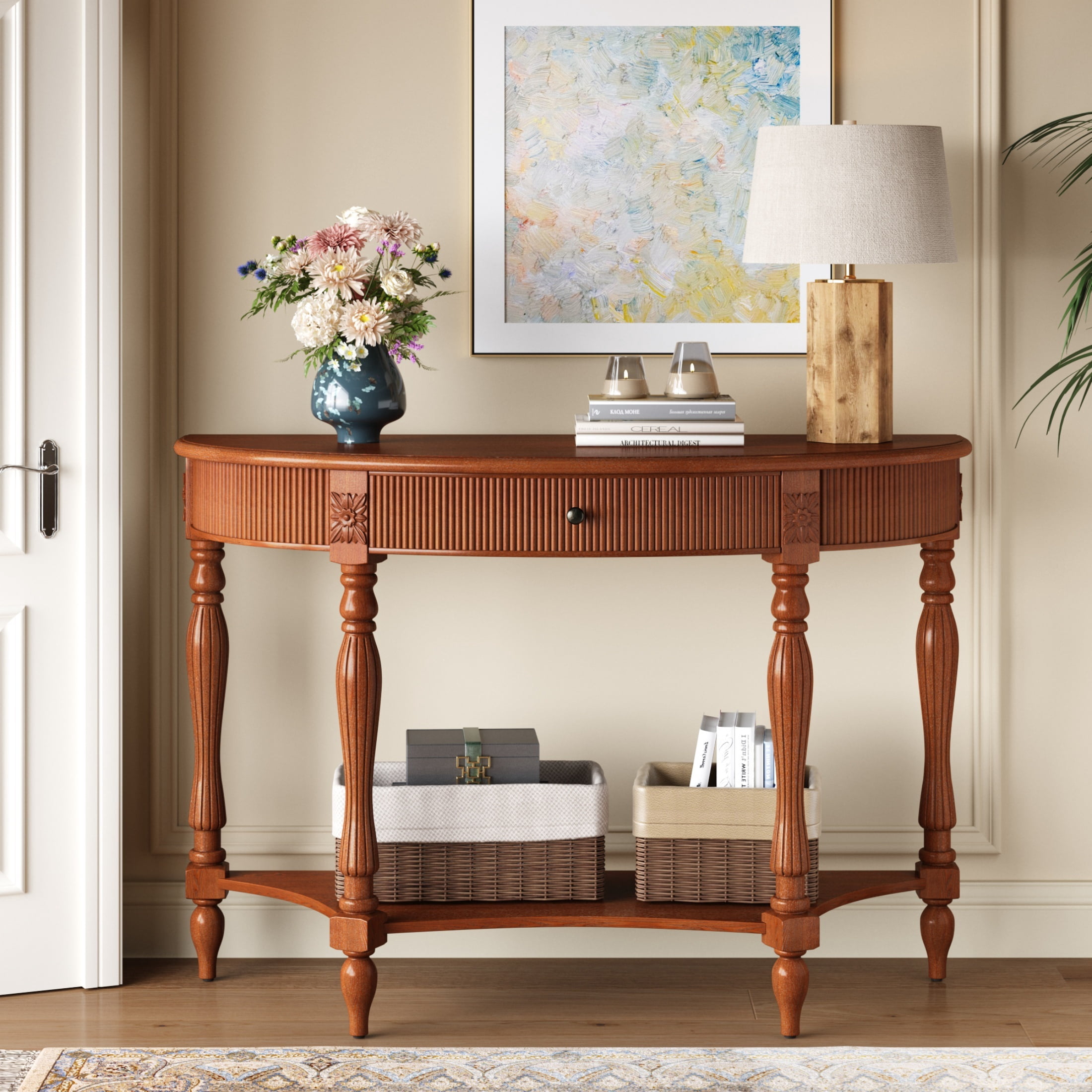 Accent Console Table with Semicircle Tabletop, Drawer & Shelf, Fluted Vintage Entryway Display Table, Sofa Table with Roman Legs