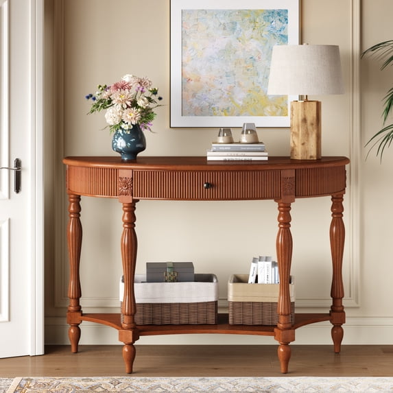 Accent Console Table with Semicircle Tabletop, Drawer & Shelf, Fluted Vintage Entryway Display Table, Sofa Table with Roman Legs