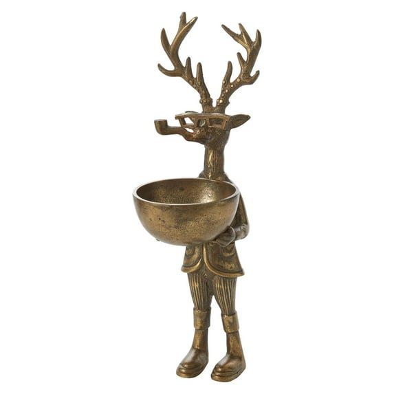 Accent Decor E+E Collection Frankie 16" Standing Deer Figurine with Bowl, Antique Gold Finish