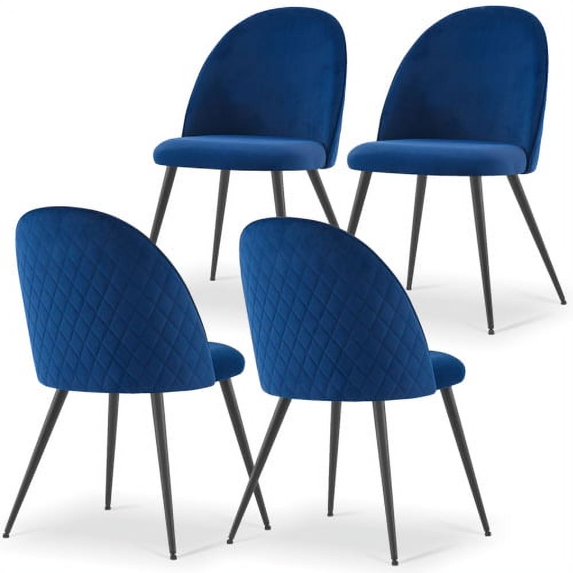 Accent Dining Chair Set of 4 Velvet Comfy Reading Living Room Upholstered Side Chair with Metal Black Powder Coated Legs (Navy Blue)