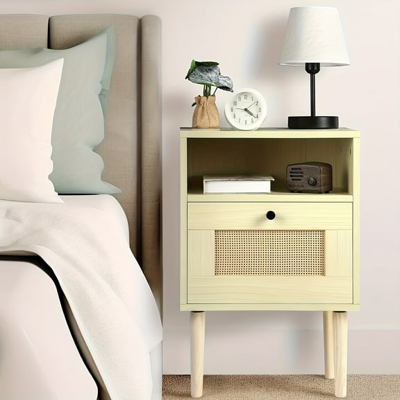 Accent End Table With Rattan Decor Drawer, Top Storage Shelf, Versatile Narrow Nightstand Modern Bedside Table -Solid Wood Feet, Easy Assembly, For For Bedroom, Living Room And Small Space