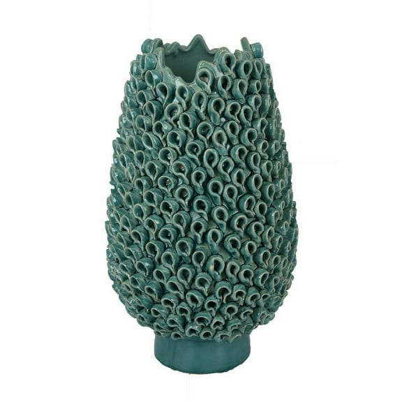 Accent Flower Vase, 3D Coral Textured Teal Green Ceramic 16 Inch