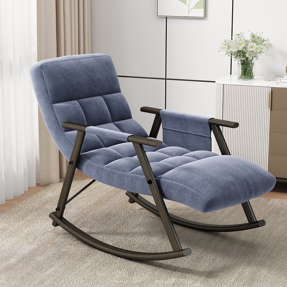 Accent Folding Rocking Recliner Chair with Side Pocket, Upholstered Nursery Glider Chair with 5 Adjustable High Back for Living Room Bedroom Balcony, Blue