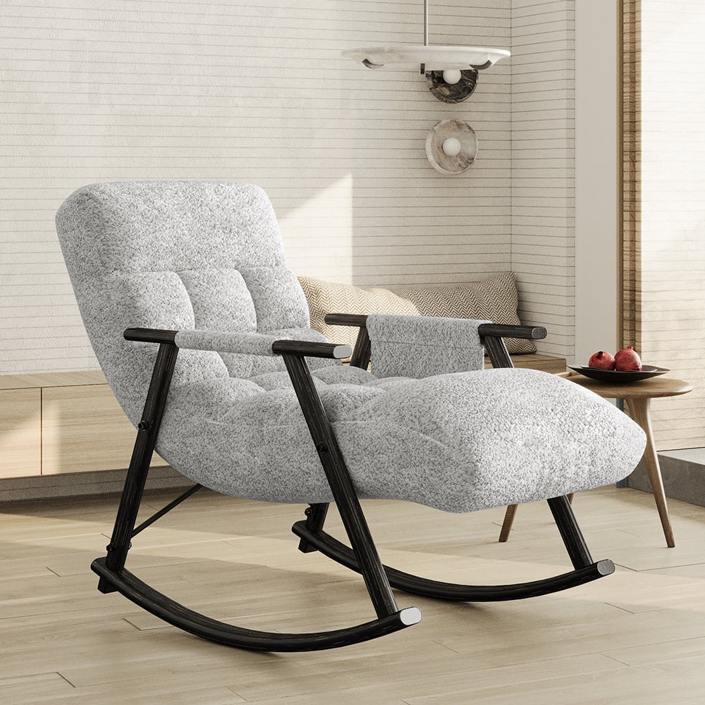 Accent Folding Rocking Recliner Chair with Side Pocket, Upholstered Nursery Glider Chair with 5 Adjustable High Back for Living Room Bedroom Balcony, Grey