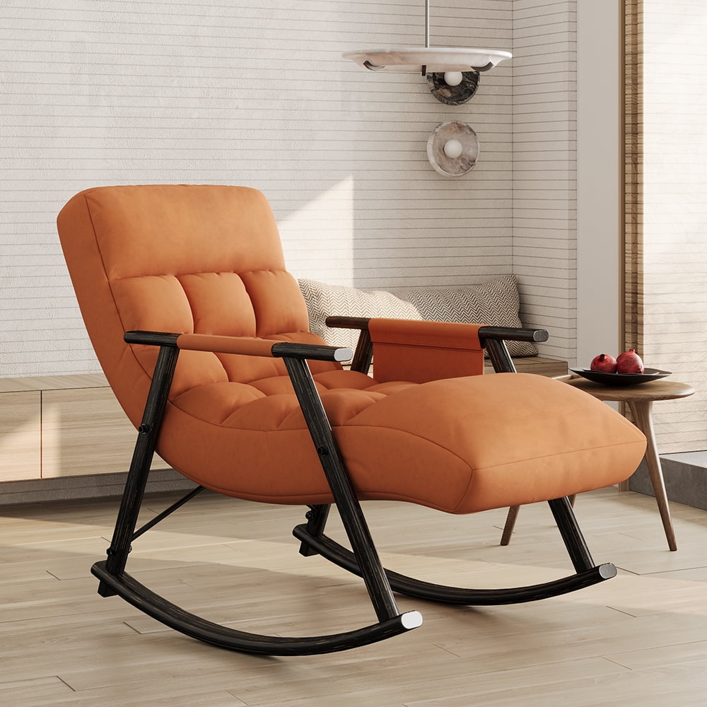 Accent Folding Rocking Recliner Chair with Side Pocket, Upholstered Nursery Glider Chair with 5 Adjustable High Back for Living Room Bedroom Balcony, Orange