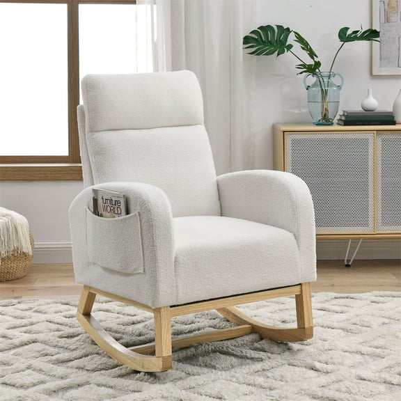 ARCTICSCORPION Modern Upholstered Glider Rocking Chair with Side Pockets, White