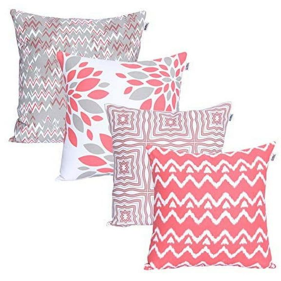 Accent Home 18” x 18” Grey-Coral Printed Cotton Decorative Pillow Covers, (2 Count)