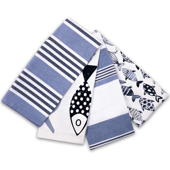 Accent Home Cotton Kitchen Towels Set of 4 pcs - Absorbent Dish Towels Set | Tea Towels | Bar Towels | Fish Design Kitchen Dish Towels - Multi Purpose Kitchen Linen, Drying Dish Hand Towels 20x28 inch