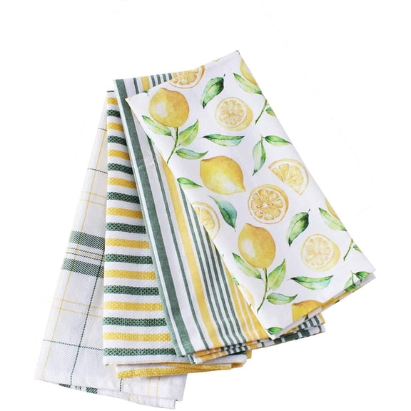 Accent Home Cotton Kitchen Towels Set of 4 pcs - Absorbent Dish Towels Set | Tea Towels in Lemon Yellow Printed Multi Purpose use of Kitchen Linen, Drying Dish Hand Towels 20x28 inch