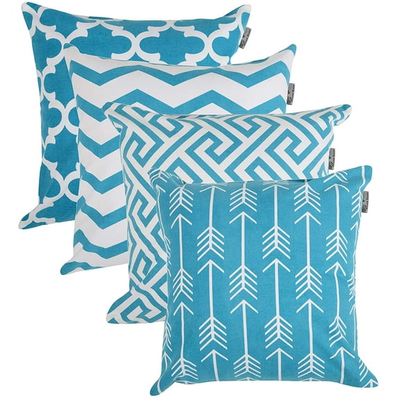 Accent Home Printed Cushion Covers Set of 4 - Decorative Square Throw Pillow Cover , Indoor & Outdoor Cotton Cushion Cases , Geometric Design Aqua Pillowcases for Home Sofa - Bed - Couch 18 x 18 Inch