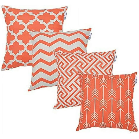 Accent Home Printed Cushion Covers Set of 4 - Decorative Square Throw Pillow Cover , Indoor & Outdoor Cotton Cushion Cases , Geometric Design Coral Pillowcases for Home Sofa - Bed - Couch 18 x 18 Inch