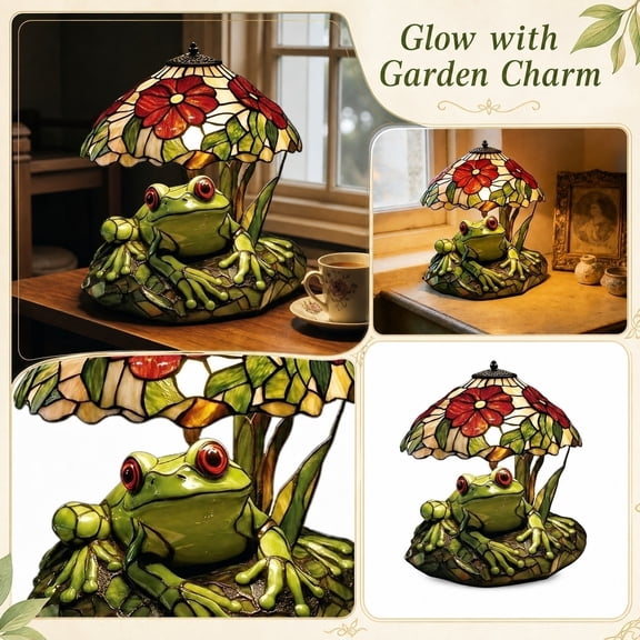 Accent Lamp, Frog Decor, Decorations for Living Room, Table Lamp for Bedroom, 7X5X5 Inch Resin Frog Flower Stained Glass Inspired Led Table Light, Nature Themed Small Lighting for