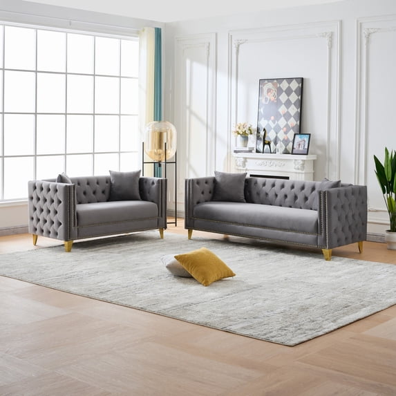Accent Large Sofa with High Density Sponge,Chesterfield Velvet Sofa,3+2 Seater Deep Seat Sofa with Button Nailhead,Square Arm Couches,Furniture for Living Room,Bedroom,Grey