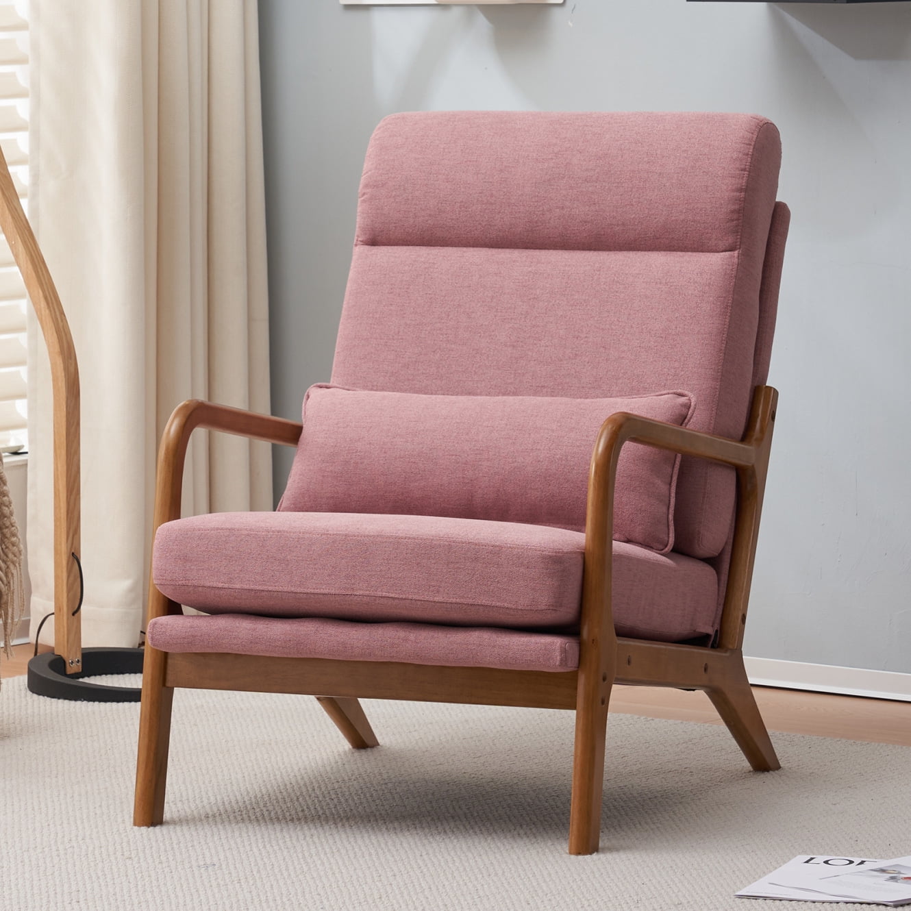 Pink Velvet High Back Accent Chair with Wood Frame