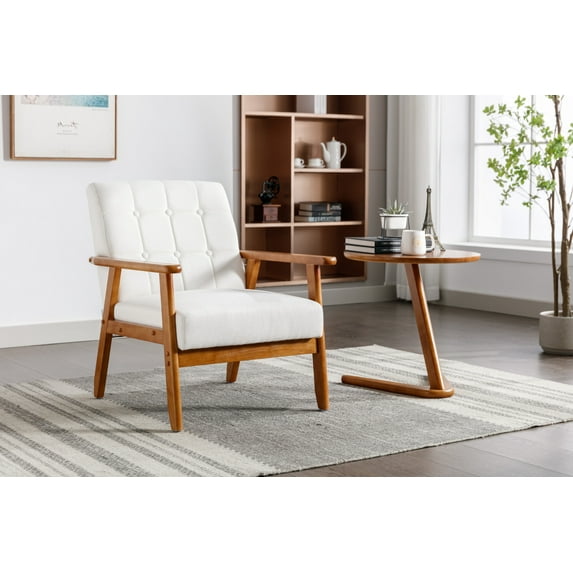 Accent Leisure Chair, Mid-Century Modern Arm Chair with Solid Wood Armrests and Legs, Upholstered Comfy Chair for Living Room Bedroom Studio, 30.71"H×25.39"W ×28.74"D, Beige