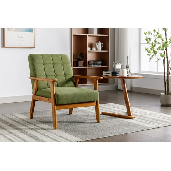 Accent Leisure Chair, Mid-Century Modern Arm Chair with Solid Wood Armrests and Legs, Upholstered Comfy Chair for Living Room Bedroom Studio, 30.71"H×25.39"W ×28.74"D, Green
