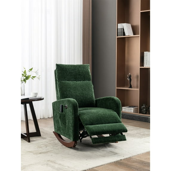 Accent Massage Rocking Chair Rocker Recliner Chair Modern High Back Rocking Armchair Upholstered Leisure Chair with 8 Massaging Modes and 4 Vibration Motors, Side Pocket and Remote Control, Green