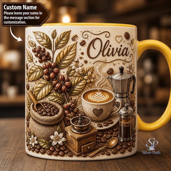 Accent Mug Coffee Bean Floral Ceramic Coffee Cup for Desk or Kitchen Personalized Gift