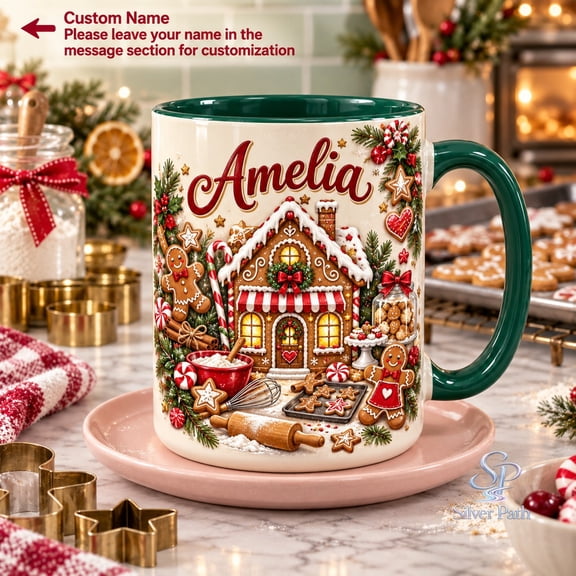 Accent Mug Custom Name Gingerbread House and Cookies for Christmas Kitchen, Baker Gift