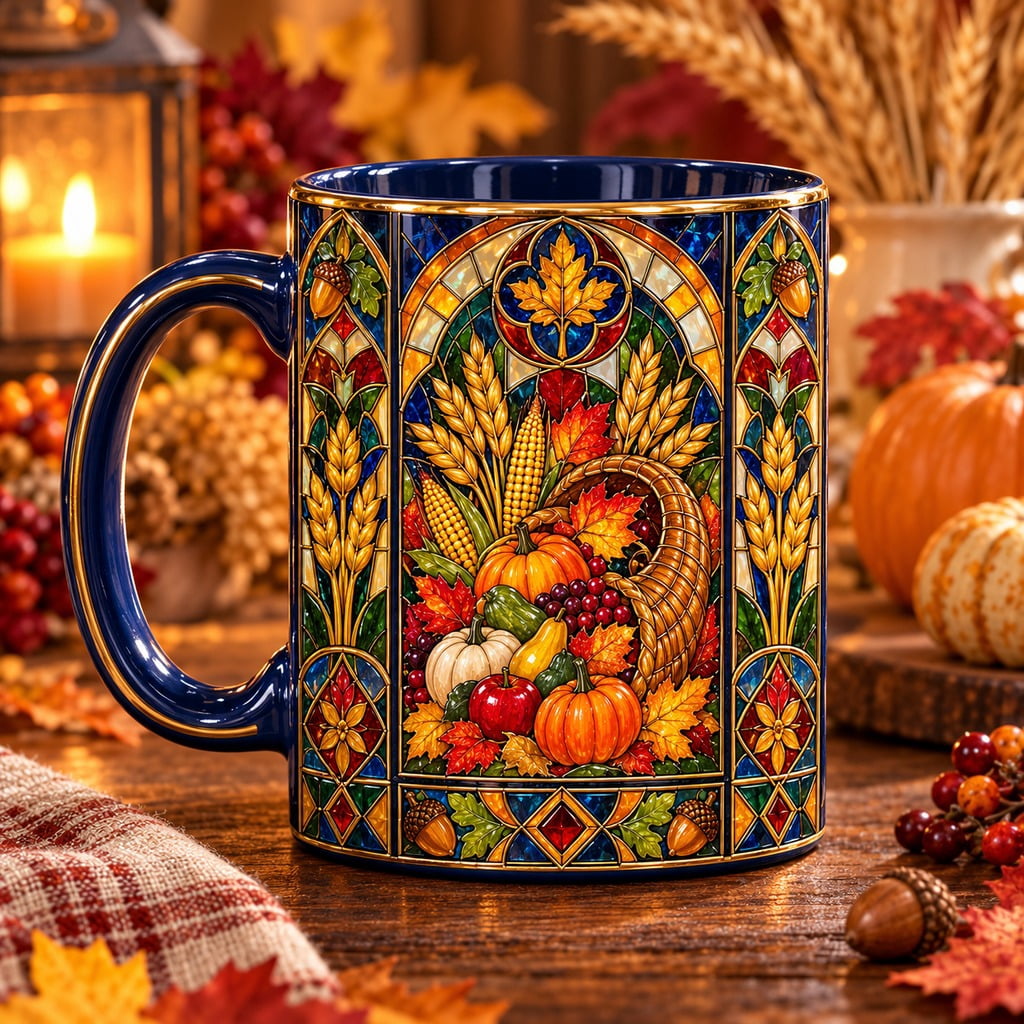 Cornucopia Layout Accent Mug Harvest Stained Glass Cornucopia Design for Fall Coffee and ...