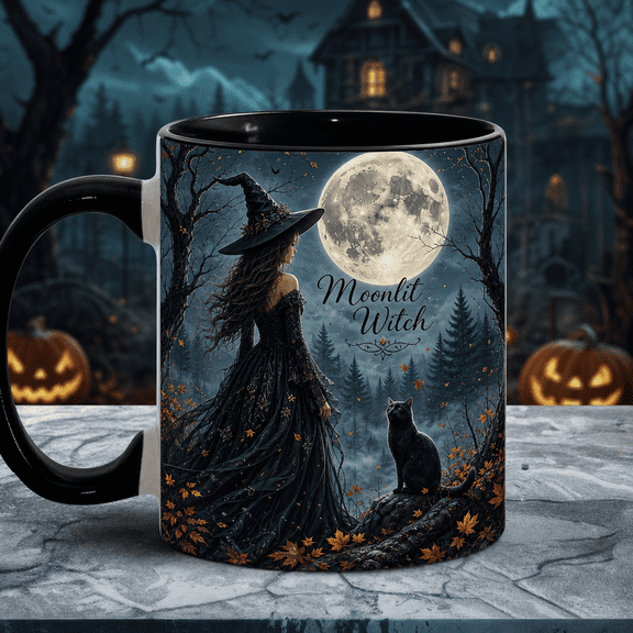 Accent Mug Moonlit Witch Ceramic Coffee Cup for Wiccan Pagan Halloween Gift