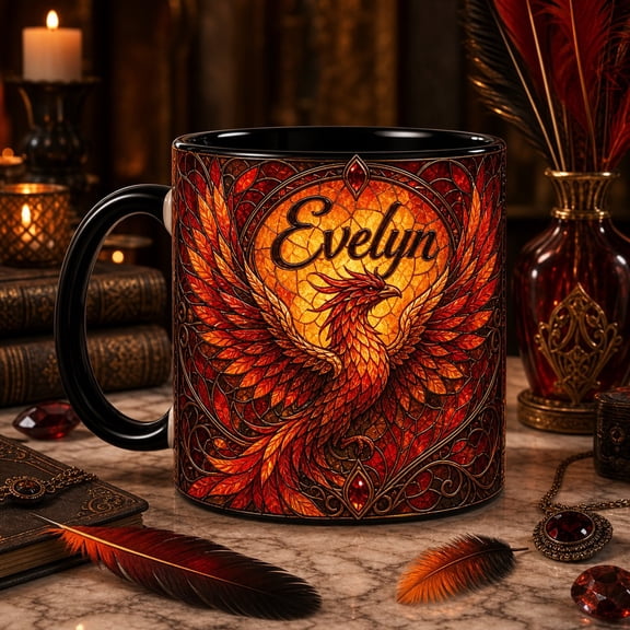 Accent Mug Ruby Orange Phoenix Stained Glass Coffee Cup for Desk or Kitchen Phoenix Lovers