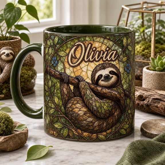 Accent Mug Sloth Stained Glass Coffee Cup for Desk or Kitchen, Gift for Sloth Lovers