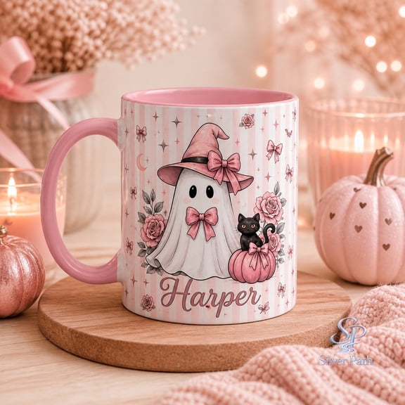 Accent Mug Too Cute To Spook Pink Ghost Witch Coffee Cup Halloween Gift
