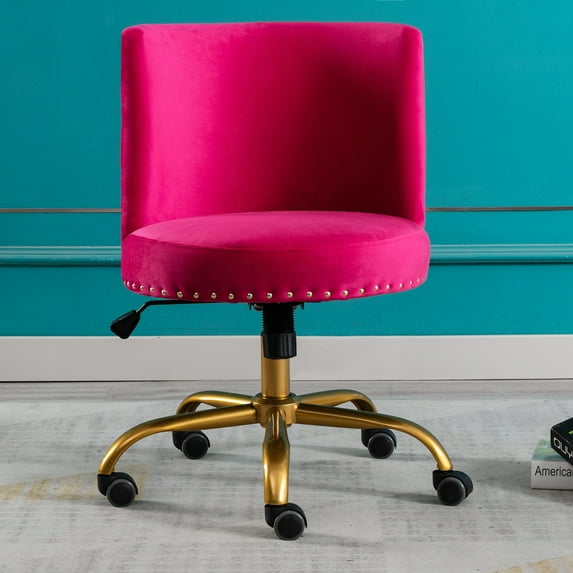 Accent Office Computer Desk Swivel Velvet Desk Chair with Nailhead Trim and Metal Legs, Height Adjustable Vanity Chair Rolling Tufted Chair for Living Room Bedroom Lounge, Fushia