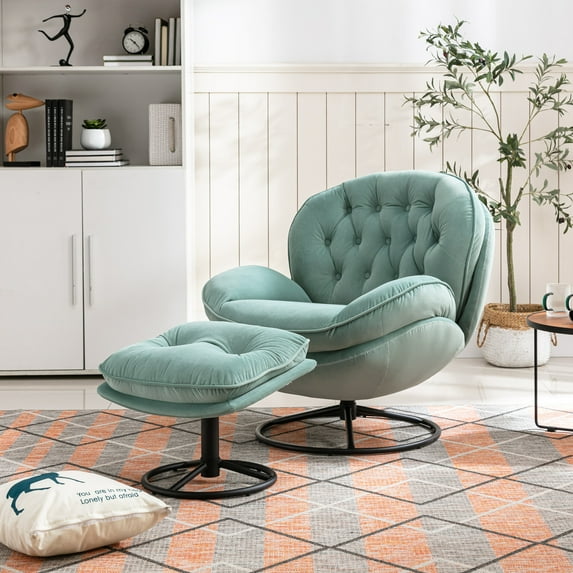 Accent Oversized Swivel Chair with Ottoman, Modern Velvet Fabric Lounge Chair, Upholstered Leisure TV Chair for Living Room, Bedroom, Reading Room, Teal