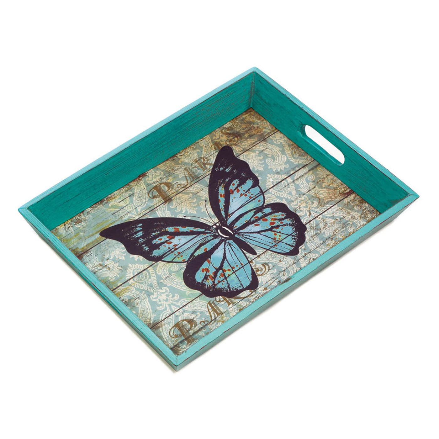 Weathered Blue Butterfly Print Decorative Serving Tray