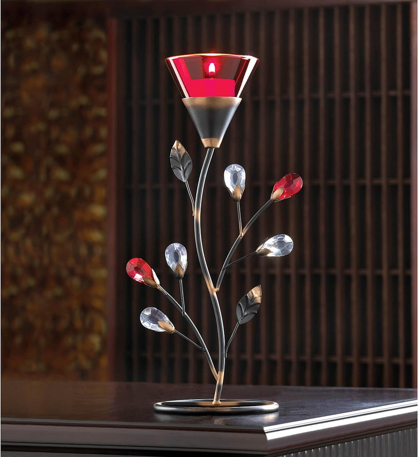 Ruby Blossom Glass and Iron Tealight Candle Lantern