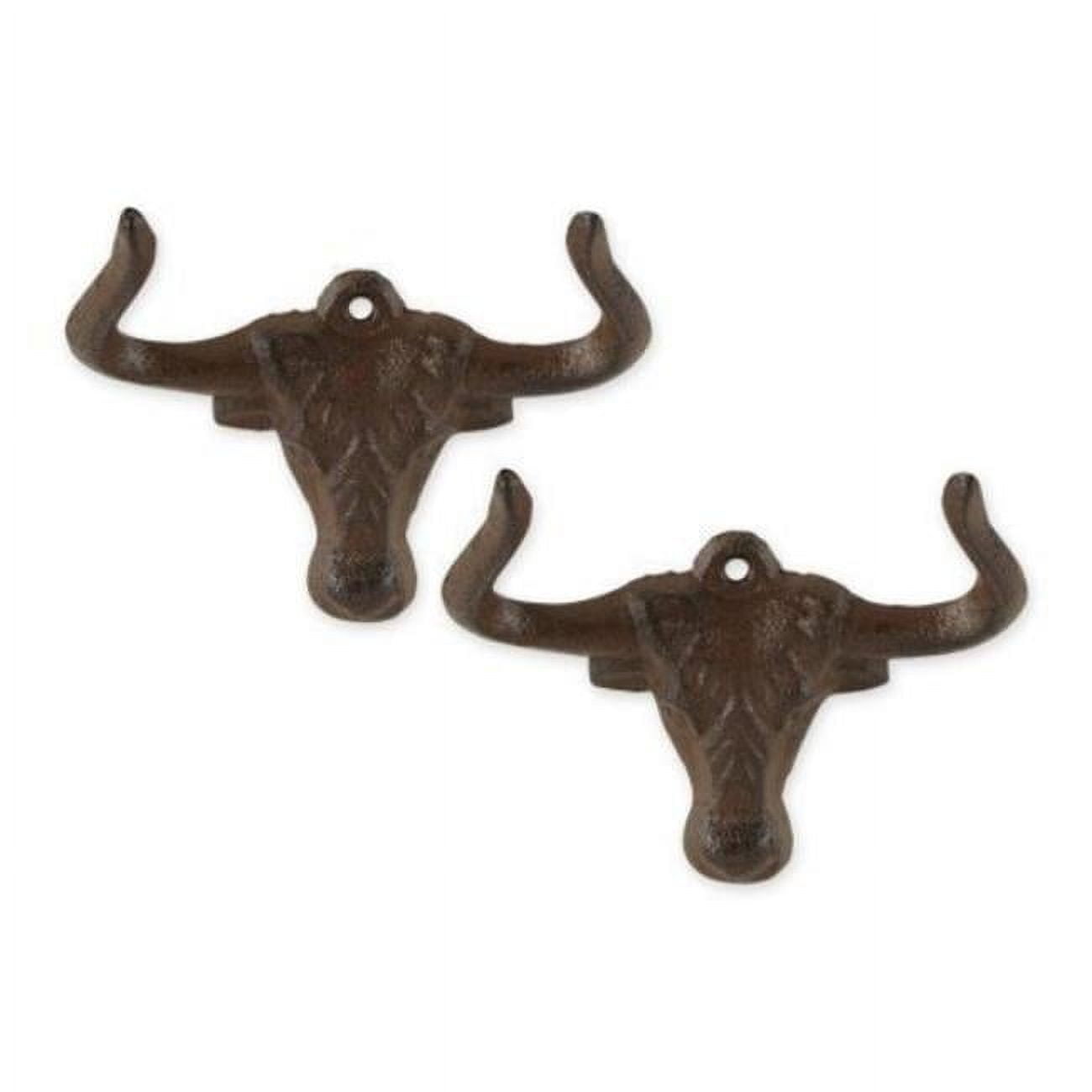 Rustic Brown Cast Iron Ox Head Wall Hook Set, 5" Length
