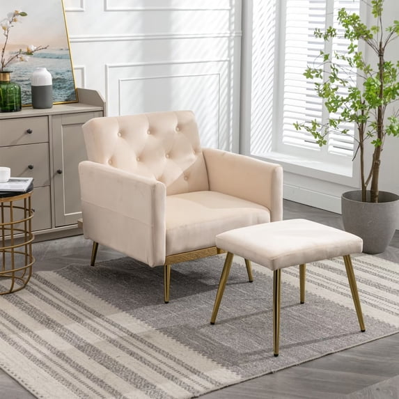Accent Recliner Chair with Ottoman, Velvet Upholstered Armchair with Adjustable Armrests and Backrest, Modern Button Tufted Lounge Chair with Metal Legs for Living Room, Beige