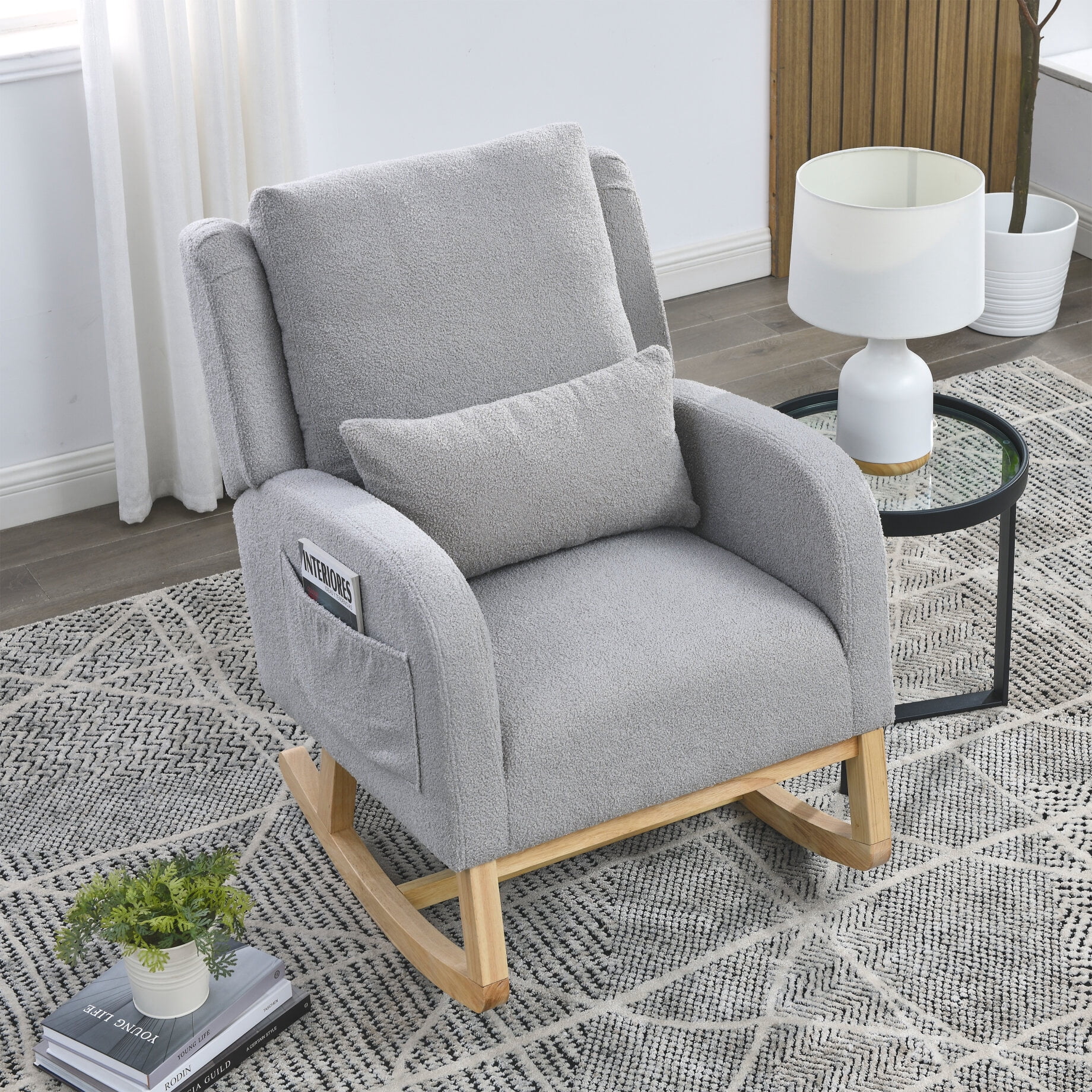 Triple Tree Accent Rocking Chair, Grey Upholstered Teddy Fabric, High ...