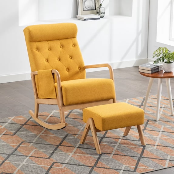 Accent Rocking Chair With Ottoman, Modern Fabric Upholstered Armchair with Thicken Padded Cushion and High Backrest, Glider Rocker with Side Pocket and Solid Wood Base, Yellow