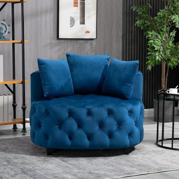 Accent Round Barrel Chair, Comfy Velvet Upholstered Reading Chair with Buttons Tufted Decor, Lounge Single Sofa Armchair for Bedroom, Living Room, Blue