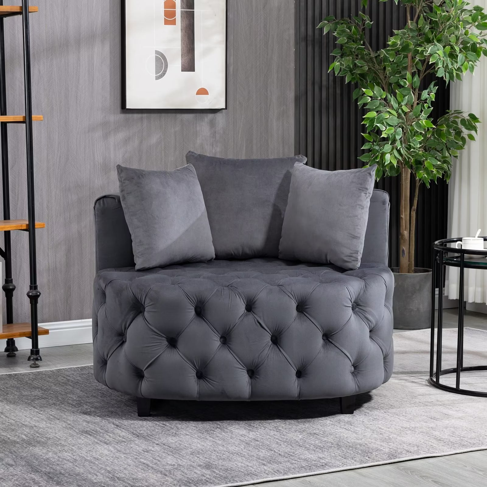 Accent Round Barrel Chair Modern Velvet Upholstered Chaise Lounge Chair Leisure Sofa Chair Modern Leisure Chair with 3 Pillow and Wood Legs for