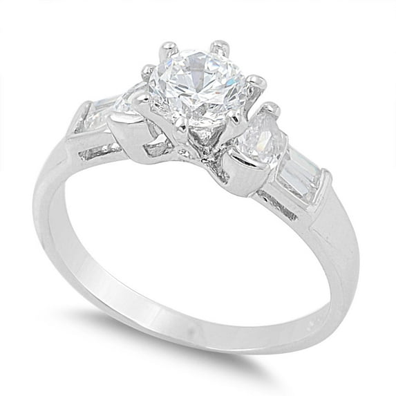 Accent Round Prong Baguette Cubic Zirconia Ring Sterling Silver 925