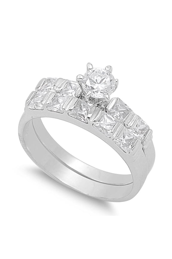 Accent Round Prong Princess Bar Set Cubic Zirconia Ring Set of 2 Sterling Silver 925