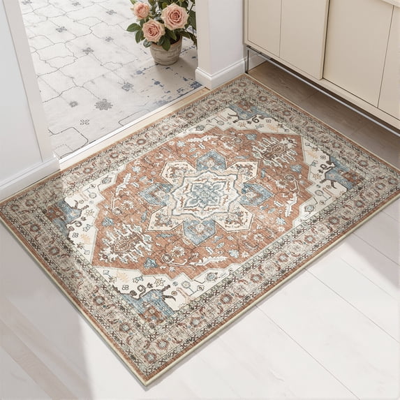 Toyoso 2x3 Vintage Persian Area Rug - Distressed Antique Rust Brown & Grey Silicone Rug, 0.25" Low Pile Machine Washable Non-Slip Indoor Mat for Entryway & Doorway, Stain Resistant Pet Friendly Rug