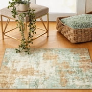 Toyoso Natural Sage & Gold Small Rug - Earthy Abstract Mat, 2x3 Watercolor Design, Non-Slip Washable Rug for Entryway & Doorway