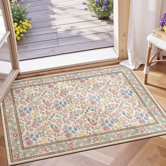 Toyoso 2x3 Traditional French Country Area Rug - Vintage Rose Floral Silicone Mat, 0.25" Low Pile Machine Washable Indoor Rug, Non-Slip Stain Resistant Bloom Pattern Accent Rug for Entryway