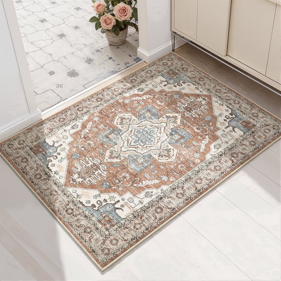 Toyoso 2x3 Vintage Persian Area Rug - Distressed Antique Rust Brown & Grey Rug, 0.25" Low Pile Machine Washable Non-Slip Indoor Mat for Entryway & Doorway, Stain Resistant Pet Friendly Rug