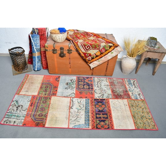 Accent Rug, Turkish Rug, Patchwork Rug, Anatolian Rugs, Rugs For Bedroom, 2.8x5.6 ft Orange Rug, Colorful Rug, Wool Rug, Gift For Her, 13432