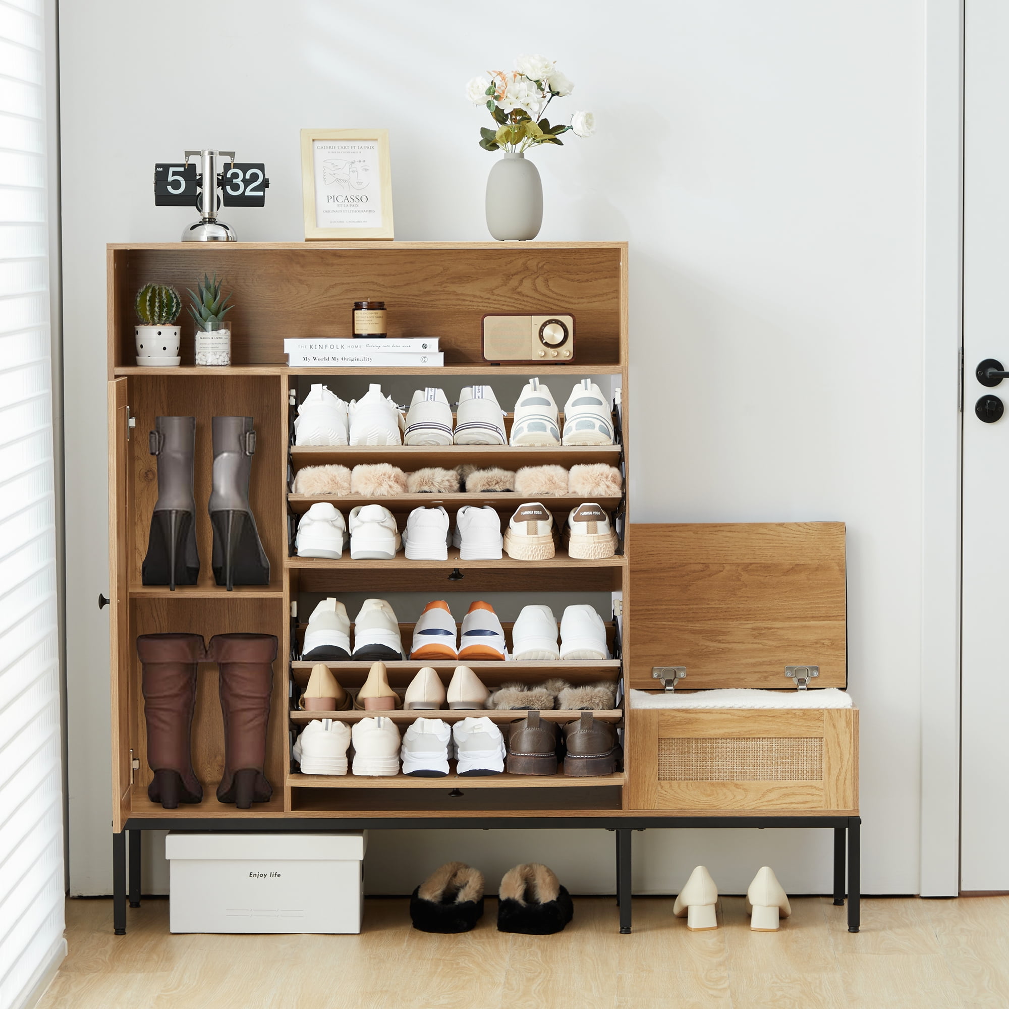 Natural Accent Shoe Cabinet with 2 Flip Drawers Shoe Bench Rattan Shoe Storage Cabinet Freestanding Shoe Rack Storage Organizer Storage Bench for