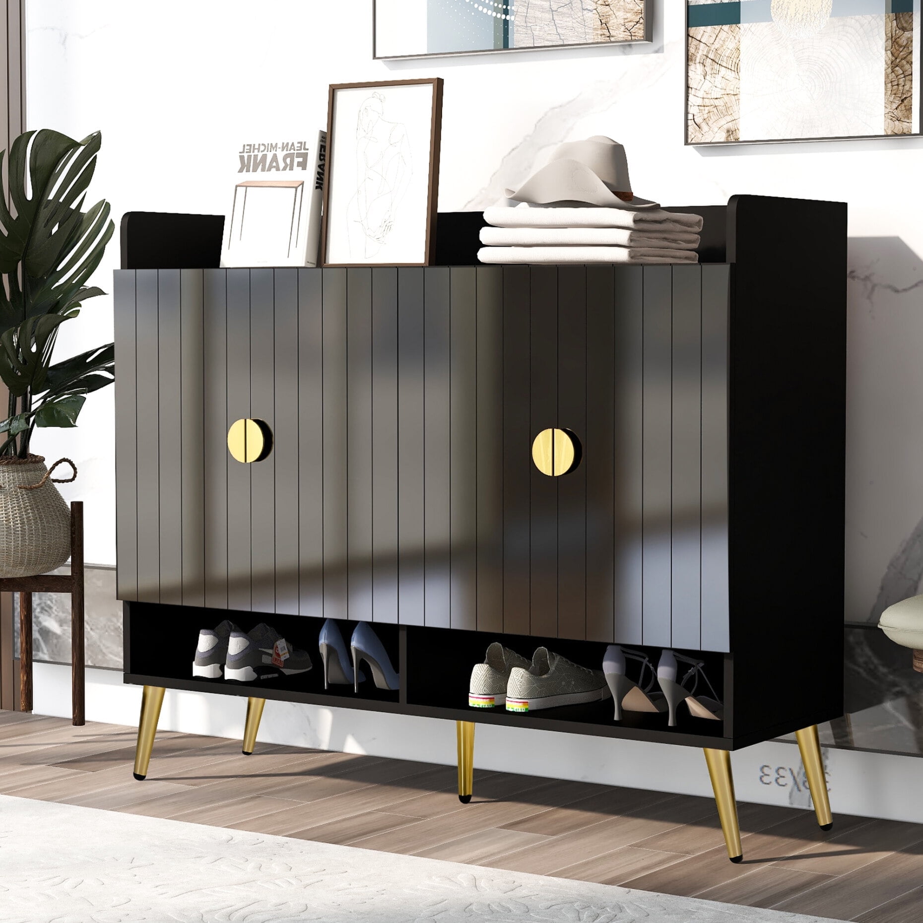 Black 11-Tier Modern Shoe Cabinet with Gold Accents