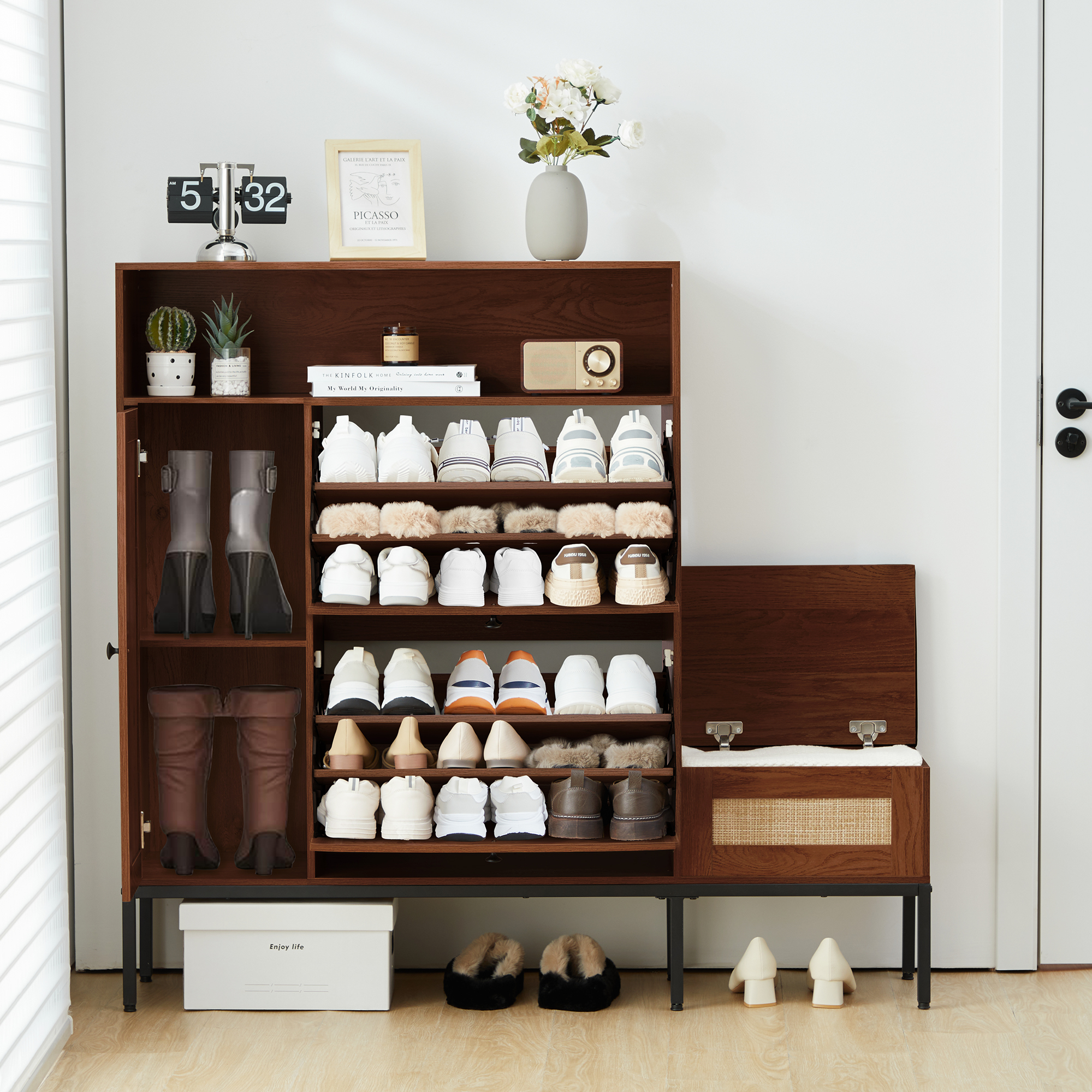 Accent Shoe Storage Cabinet with 2 Flip Drawers and Rattan Door Walnut Shoe Storage Bench with Hidden Space Hidden Shoe Rack Storage Organizer for Entryway Hallway and Living Room Walmart