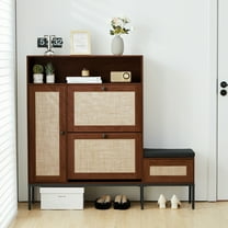 Accent Shoe Storage Cabinet with 2 Flip Drawers and Rattan Door, Walnut Shoe Storage Bench with Hidden Space, Hidden Shoe Rack Storage Organizer for Entryway, Hallway and Living Room